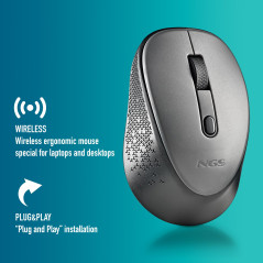 NGS Dew Gray - Wireless Optical Mouse, Ergonomic Mouse, Silent Wireless Laptop Mice, High Precision with Nano Receiver, Ambidext