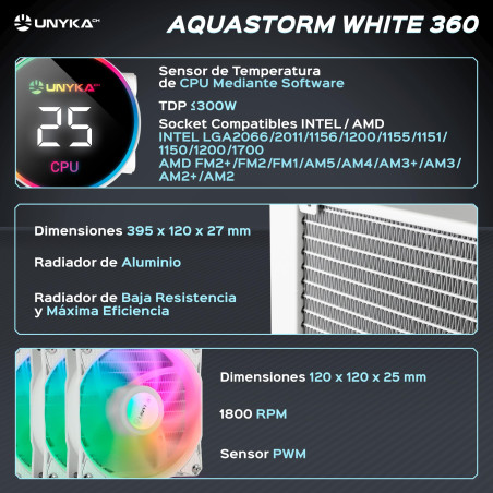 UNYKAch Refroidissement Liquide CPU Aquastorm White 360 Pompe silencieuse, Affichage pour contrôler la température du processeur