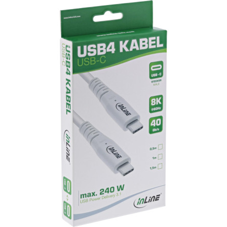 InLine Câble USB 4, 240 W USB-C vers USB-C, PD 3.1, 40 Go/s, 8K @ 60 Hz, Thunderbolt 3, pour écrans, disques durs, cartes graphi