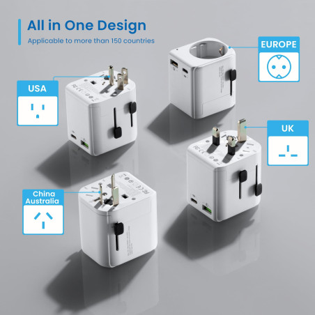 Ewent Adaptateur de Voyage, Adaptateur Prise Schuko vers Le Monde avec 1 USB-C et 1 USB, Universelle Adaptateur de Voyage Schuko