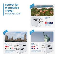 Ewent Adaptateur de Voyage, Adaptateur Prise Schuko vers Le Monde avec 1 USB-C et 1 USB, Universelle Adaptateur de Voyage Schuko
