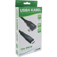 InLine Câble USB4, 240 W, USB-C vers USB-C, coudé d'un côté, PD 3.1, 40 Gb/s, 8K @ 60 Hz, Thunderbolt 3, pour écrans, disques du
