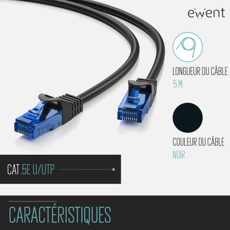 Câble Patch Ethernet Cat.5e U/UTP Transmission jusqu'à 1Gigabit, 2 connecteurs RJ45, câble PVC, CCA, AWG 26/7. Idéal pour la Tra