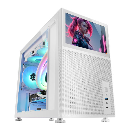 Mars Gaming MC-LCD, Boîtier PC Compact Micro-ATX, Ecran LCD IPS 8", Grille Latérale, Supérieure et Frontale Mesh, Fenêtre Latéra