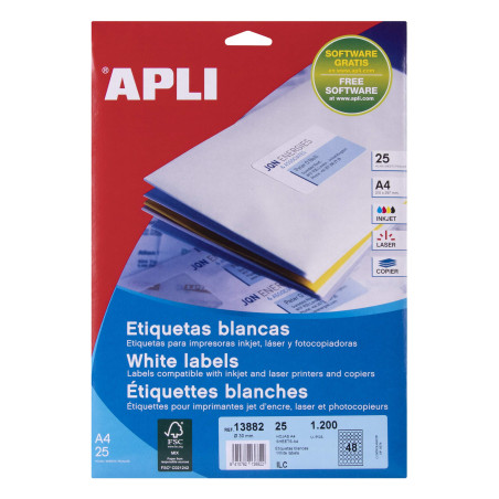 APLI 13882 - Étiquettes permanentes blanches Ø 30 mm 25 feuilles