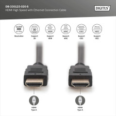 DIGITUS Câble de connexion HDMI Premium High Speed, type A mâle/mâle - HDMI 2.0-2.0m - avec canal Ethernet - Ultra HD 4k/60Hz -