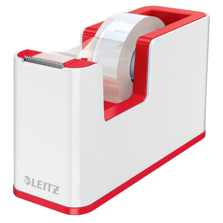 Leitz WOW - Dévidoir à Scotch, avec Base Lestée Antidérapante & Rouleau d'Adhésif Inclus, Coloris Blanc/Rouge (53641026)