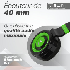 Techmade - Casque Bluetooth Pliable avec Microphone Intégré, Radio FM et Emplacement Carte SD, Couleur Vert