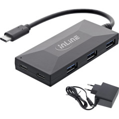 InLine® Hub USB 3.2 Gen 1 OTG, USB Type-C vers 3 Ports Type-A et 2 Ports Type-C, avec Bloc d'alimentation 3 A, Noir
