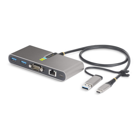 StarTech.com Hub USB-C à 2 Ports USB-A avec Ethernet et RS-232, Dongle USB-C vers USB-A, 100W PD Pass-Through, 2x USB-A 5Gbps, G