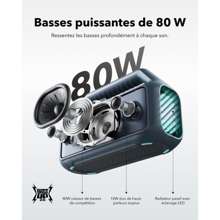 Soundcore Enceinte Bluetooth puissante Boom 2, Son de 80 W avec Caisson de Basse et BassUp 2.0, 24h, IPX7, USB-C, Bluetooth 5.3,