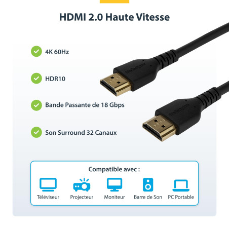 StarTech.com Câble HDMI 2.0 de 1,5m avec Ethernet Certifié Premium, Haute Débit UHD 4K 60Hz HDR Durable, Cordon HDMI Mâle vers M