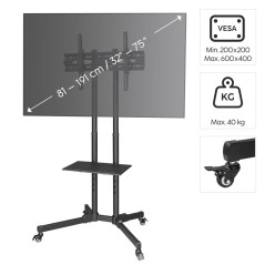 Hama Support TV sur Pied à roulettes avec Etagère Garantie 10ans (Pied TV Mobile, téléviseur 32" à 75" 40Kg, Hauteur Réglable, S