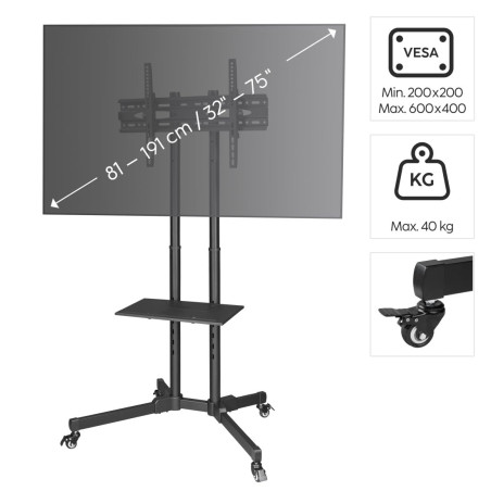 Hama Support TV sur Pied à roulettes avec Etagère Garantie 10ans (Pied TV Mobile, téléviseur 32" à 75" 40Kg, Hauteur Réglable, S
