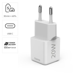Hama 20W Chargeur USB C Rapide Compatible iPhone, Samsung, MacBook - [PD + QC 3.0] [Recharge Optimisée] [1 Port USB C] Blanc