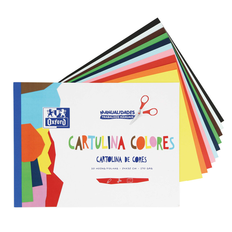 Bloc de 10 feuilles de papier couleur Oxford en 10 couleurs assorties collées. Carton de 170 g. Bloc de 10 feuilles de papier couleur Oxford en 10 couleurs assorties collées. Carton de 170 g.