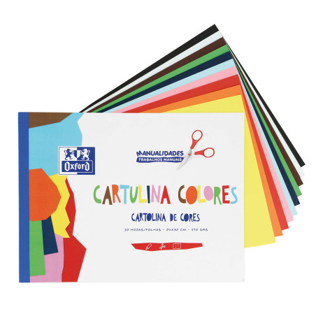 Bloc de 10 feuilles de papier couleur Oxford en 10 couleurs assorties collées. Carton de 170 g.