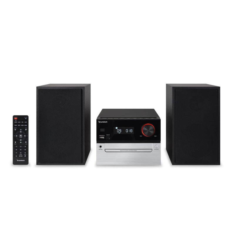 Microchaîne, Sunstech, système Hi-FI avec Bluetooth, écran LCD avec réglage d'intensité. Puissance de Sortie : 30 W Microchaîne, Sunstech, système Hi-FI avec Bluetooth, écran LCD avec réglage d'intensité. Puissance de Sortie : 30 W