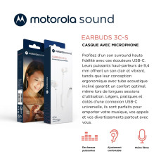 Motorola Sound Earbuds 3C-S Écouteurs Intra-Auriculaires avec Microphone, Ajustement Confortable, appels Mains Libres, Son Haute