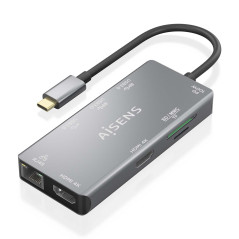 AISENS ASUC-9P018-GR - USB-C Dock 9 en 1, USB-C A 2XHDMI, 1XRJ45, 2XUSB-A USB3.0, 1XUSB-A USB2.0, 1XUSB-C PD, 1Xsd, 1XMicro SD,