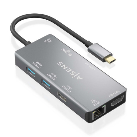AISENS ASUC-9P018-GR - USB-C Dock 9 en 1, USB-C A 2XHDMI, 1XRJ45, 2XUSB-A USB3.0, 1XUSB-A USB2.0, 1XUSB-C PD, 1Xsd, 1XMicro SD,