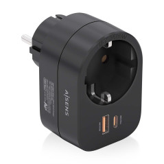 AISENS - ASPS-1A1C07-BK - Multiprise Murale Multifonction avec 1 Prise + 1 x USB-C 20 W PD3.0, 1 x USB-A 20 W QC3.0, Noir