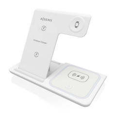 AISENS - ASCH-15W3WC044-W - Chargeur sans Fil USB-C 3 en 1 de 15 W pour téléphone Portable, Apple Watch, Ariculaires avec étui d