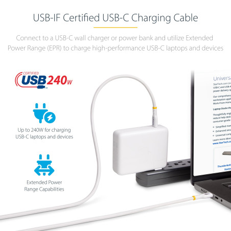 StarTech.com Câble de Charge USB-C de 1m, Blanc, Certifié USB-IF, 240W PD EPR, Câble USB-C 2.0, Transfert de Données USB-C