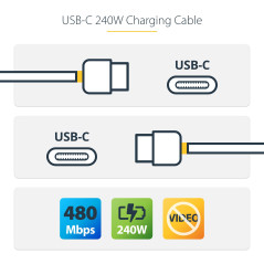 StarTech.com Câble de Charge USB-C de 1m, Blanc, Certifié USB-IF, 240W PD EPR, Câble USB-C 2.0, Transfert de Données USB-C