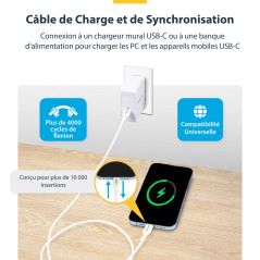 StarTech.com Câble de Charge USB-C de 3m, Câble USB-C, USB 2.0 (480mbps) Câble Chargeur Portable, PD 60W 3A, Blanc, M/M
