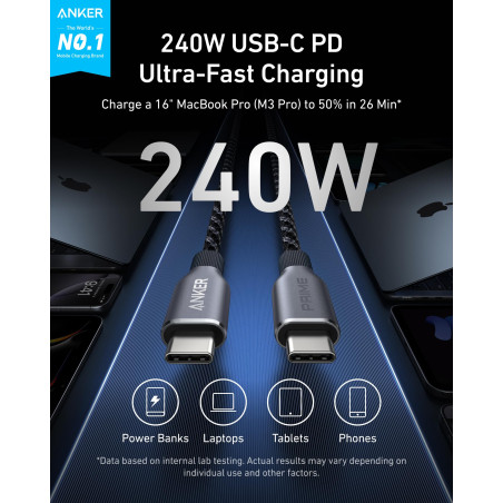 Anker Prime Câble USB C vers USB C, 240W Câble USB C Recharge Rapide, Nylon Tressé Upcyclé Haute Durabilité, câble USB 2.0 pour