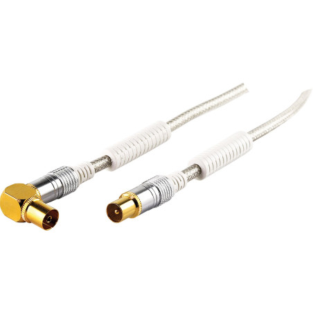 Schwaiger iEC 1 câble de 5 m, iEC mâle vers fiche iEC Femelle 90° - 110 DB Quadruple Blindage-connecteurs rädelmutter Transparen