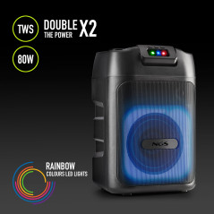 NGS Wild Club – Enceinte Portable Bluetooth, Puissance 80W, TWS, lumières Laser, Double entrée Microphone, Port USB/AUX/TF, Batt