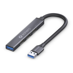 sonero® Hub USB, Distributeur USB, 4 Ports, 1x USB 3.2 avec 5 Go/s, 3X USB 2.0 avec 480 Mo/s, connecteur USB-A, Ultra Fin, Gris