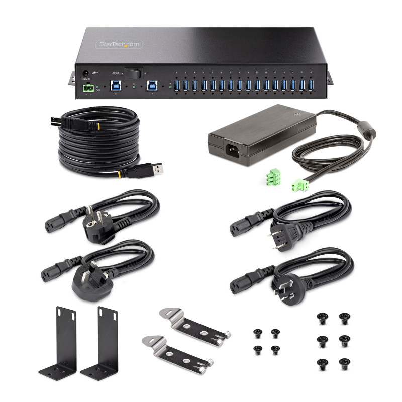StarTech.com Hub Industriel à 16 Ports USB 5Gbps avec Adaptateur d'alimentation, Boîtier Métallique, Bornier d'alimentation