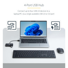 StarTech.com Hub USB 2.0 à Ports, Alimentation par Bus USB, Petit Hub USB de Voyage, Répartiteur USB 2.0, 480Mbps