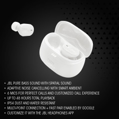 JBL Tune Buds 2, Écouteurs sans Fil Bluetooth, 48 h d'autonomie, résistance à l'eau et à la poussière IP54, résistance à l'eau e