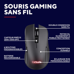 Trust GXT 931 Ybar Souris sans Fil Gamer Bluetooth + 2.4GHz Faible Latence, Programmable, 200-7200 DPI, 70% Plastiques Recyclés,