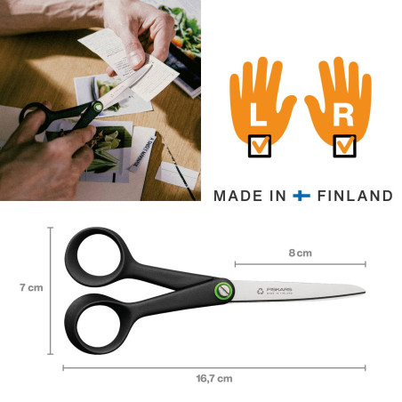 Fiskars ReNew Ciseaux polyvalent, Longueur : 16,7 cm, Inox recyclé/plastique recyclé, Functional Form, Noir, 1074543