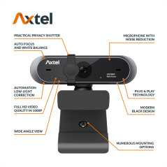 Axtel headsets, AX-FHD webcam Full HD 1080p video, automatic white balance, webcam with microphone for PC, web camera, USB Plug 