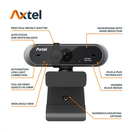 Axtel headsets, AX-FHD webcam Full HD 1080p video, automatic white balance, webcam with microphone for PC, web camera, USB Plug 