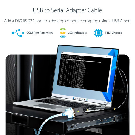 StarTech Câble Adaptateur USB vers Série de 2m, Rétention COM, FTDI, USB-A vers DB9 RS232, Voyants LED, Écrous à Vis DB9 Interch