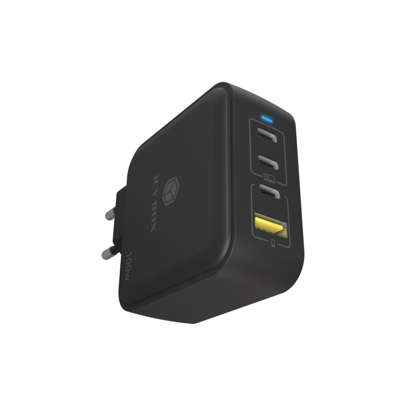 ICY BOX Chargeur GaN 100 W – 3 Ports USB-C et 1 Port USB-A, Power Delivery 3.0, Charge Rapide, Compact et léger, pour Smartphone