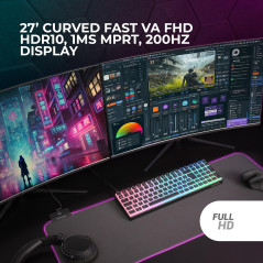 Mars Gaming MV-27C, Écran Gaming Incurvé 27” FHD 1080p 200Hz, HDR10 1ms, FreeSync et G-Sync, Écran Sans Bordures, Inclinaison 20