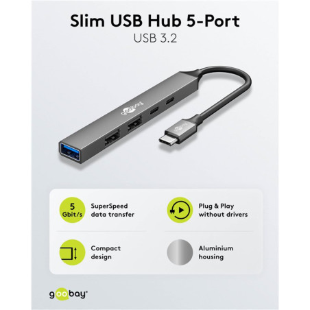 goobay 5-Port USB 3.2 Slim Hub/Multiconnecteur, Splitter, Hub/Adaptateur C Slim vers 3X A et 2X C Multiport Hub 3.0/5 Gbit Split