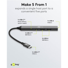 goobay 5-Port USB 3.2 Slim Hub/Multiconnecteur, Splitter, Hub/Adaptateur C Slim vers 3X A et 2X C Multiport Hub 3.0/5 Gbit Split