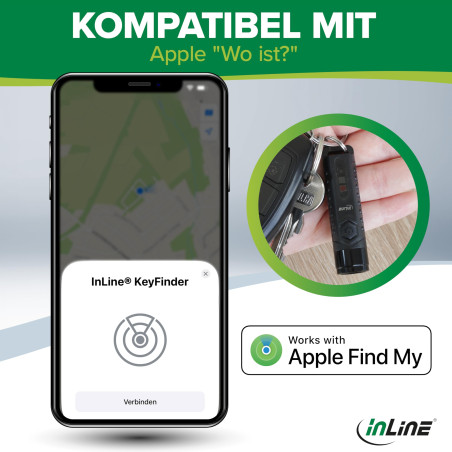 InLine® Tracker de clés compatible avec Apple Où est ? (iOS uniquement), porte-clés LED, localisateur de clés, alternative Airta