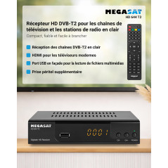Megasat HD 644 T2 – Récepteur DVB-T2 (reçoit Toutes Les chaînes gratuites Via antenne, Lecteur multimédia USB, Full HD, SCART, H