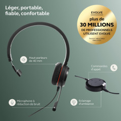 Jabra Evolve 30 II Casque Mono-Filaire certifié Unified Communications avec unité de contrôle d'appel, Microphone antibruit, ind