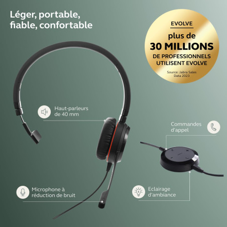 Jabra Evolve 30 II Casque Mono-Filaire certifié Unified Communications avec unité de contrôle d'appel, Microphone antibruit, ind